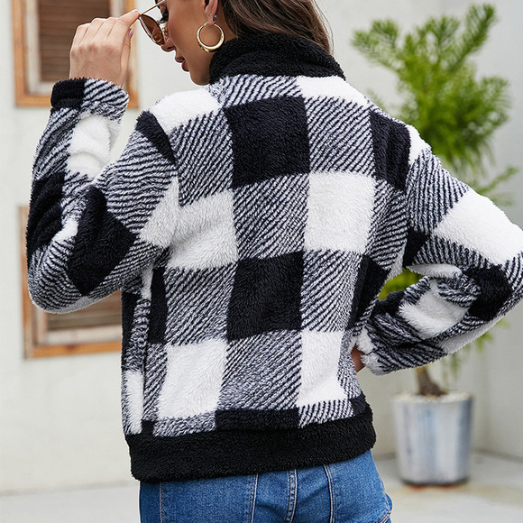 Women's Zipper Collared Plaid Jacket - Picture 3 of 8